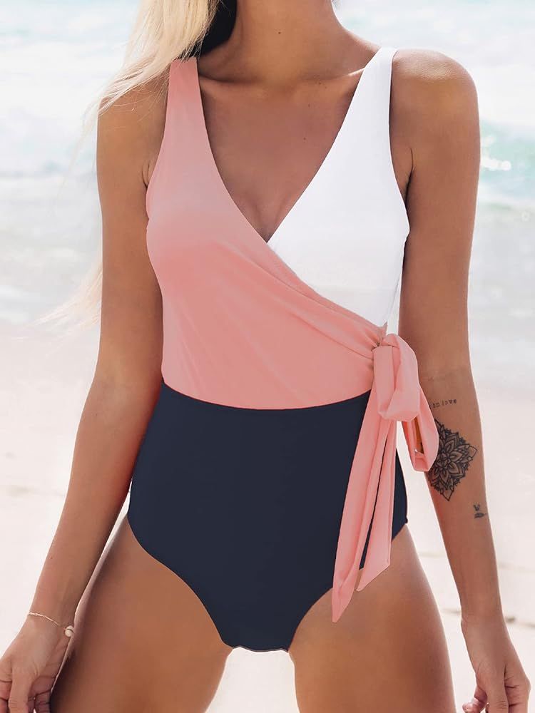 CUPSHE Women's One Piece Swimsuit Wrap Color Block Tie Side Bathing Suit - Amazon Swimwear | Amazon (US)