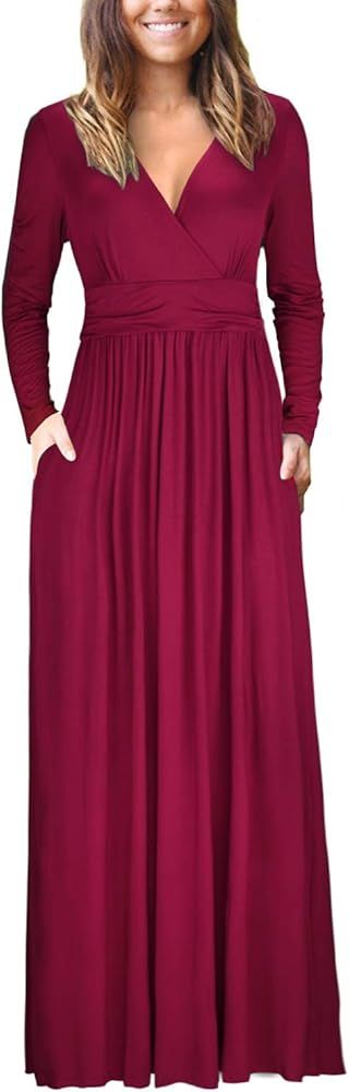 OUGES Womens Long Sleeve V-Neck Wrap Waist Maxi Dress | Amazon (US)