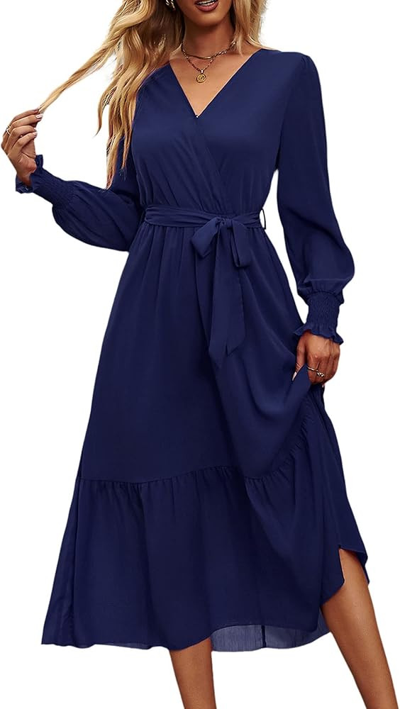 PRETTYGARDEN Women's Floral Print Boho Dress Long Sleeve Wrap V Neck Ruffle Belted A-Line Flowy M... | Amazon (US)