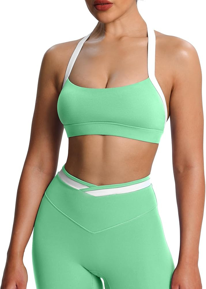 Aoxjox Women's Color Block Halter Workout Sports Bras Fitness Athletic Vanessa Bra Yoga Crop Tank | Amazon (US)