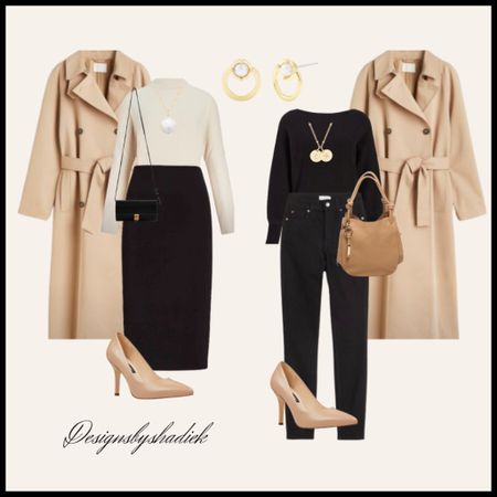 Fall outfit idea | pencil skirt | black skirt | butterscotch trench coat | trench coat | black jeans | gold earrings | gold necklace | neural sweater | black sweater | fall outfit | fall clothes | sweaters 

#LTKSeasonal #LTKfamily #LTKstyletip