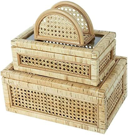LUSYDECO Set of 2 Large Rectangular Rattan Decorative Boxes with Glass Lids Medium Cane and Ratta... | Amazon (US)
