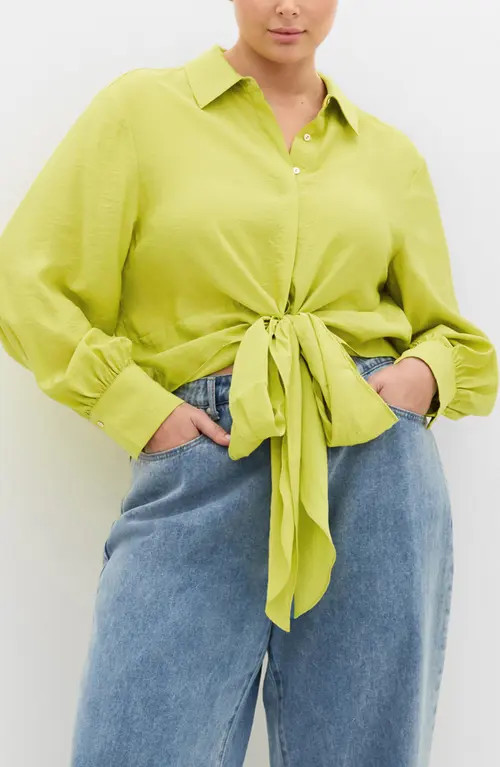 City Chic Rosa Tie Hem Button-Up Shirt in Chartreuse at Nordstrom, Size 22W | Nordstrom