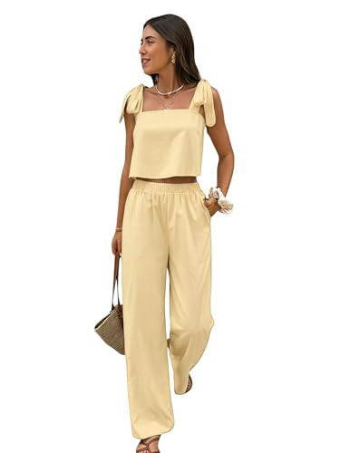 SOLY HUX Women's Summer Vacation 2 Piece Set Tie Shoulder Crop Top and Pants Travel Outfits Pure Yellow Medium | Amazon (US)