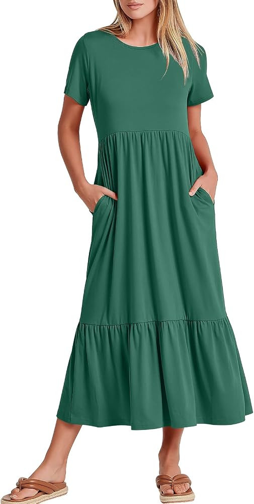 Prinbara Women's 2023 Summer Casual Short Sleeve Crewneck Swing Loose T Shirt Dress Flowy Tiered ... | Amazon (US)
