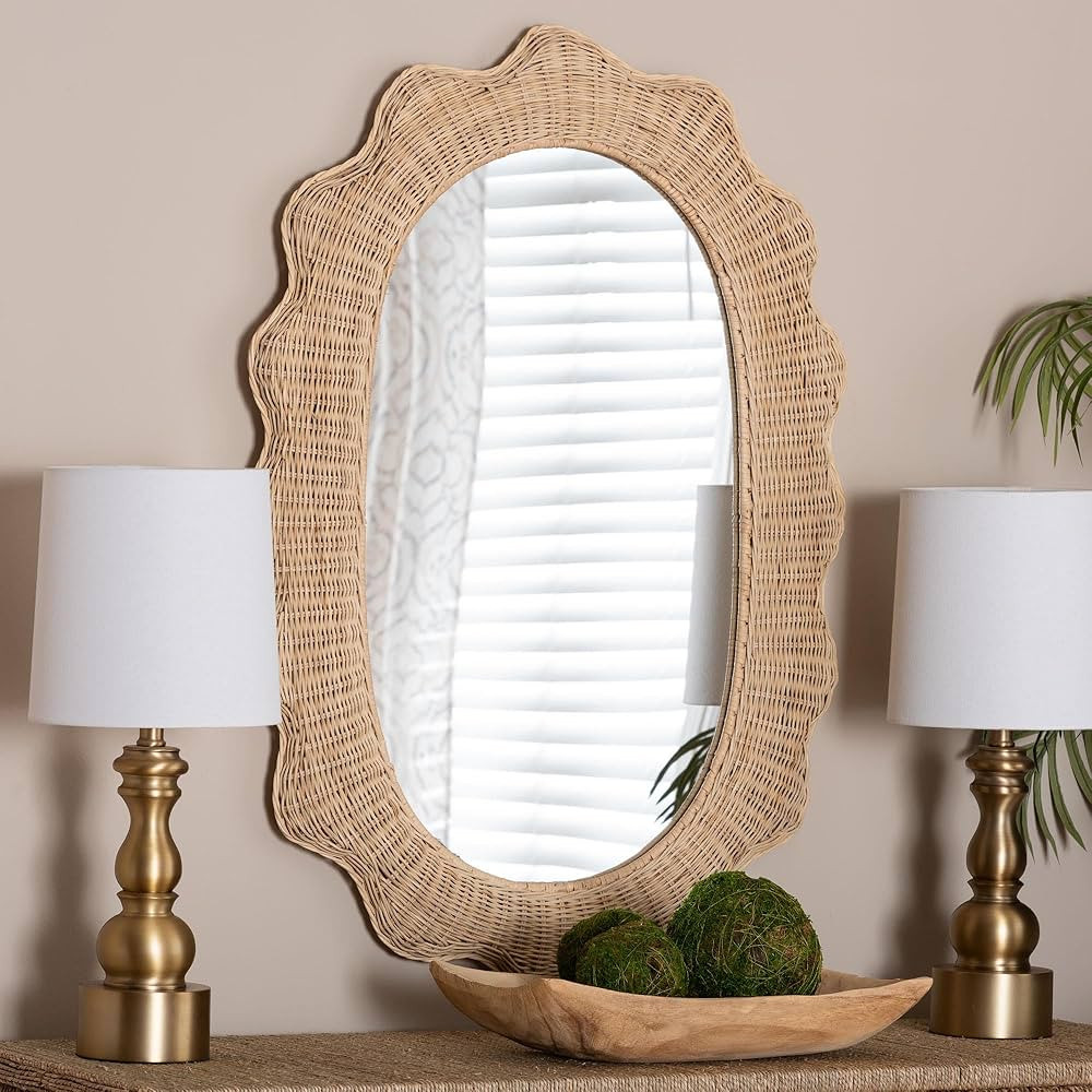 bali & pari Makoto Scalloped Natural Rattan Wall Mirror - Handwoven Wicker Oval Frame, Boho Coast... | Amazon (US)