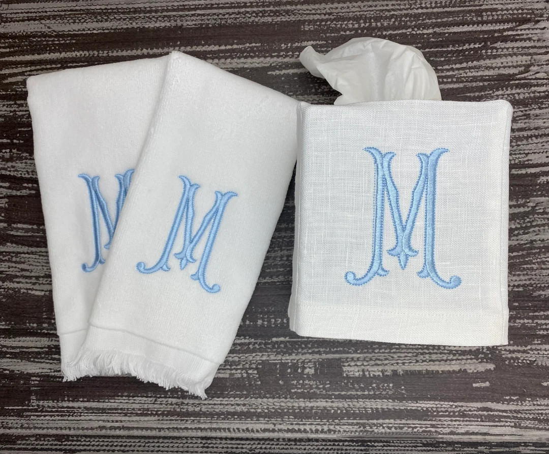 Monogrammed Fingertip Hand Towel Single Letter Embroidered Linen Tissue Box Cover Gift for the Ho... | Etsy (US)