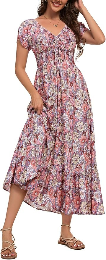 Women's Summer Casual Short Sleeve V Neck Smocked Elastic Waist Tiered Boho Floral Flowy Maxi Dre... | Amazon (US)