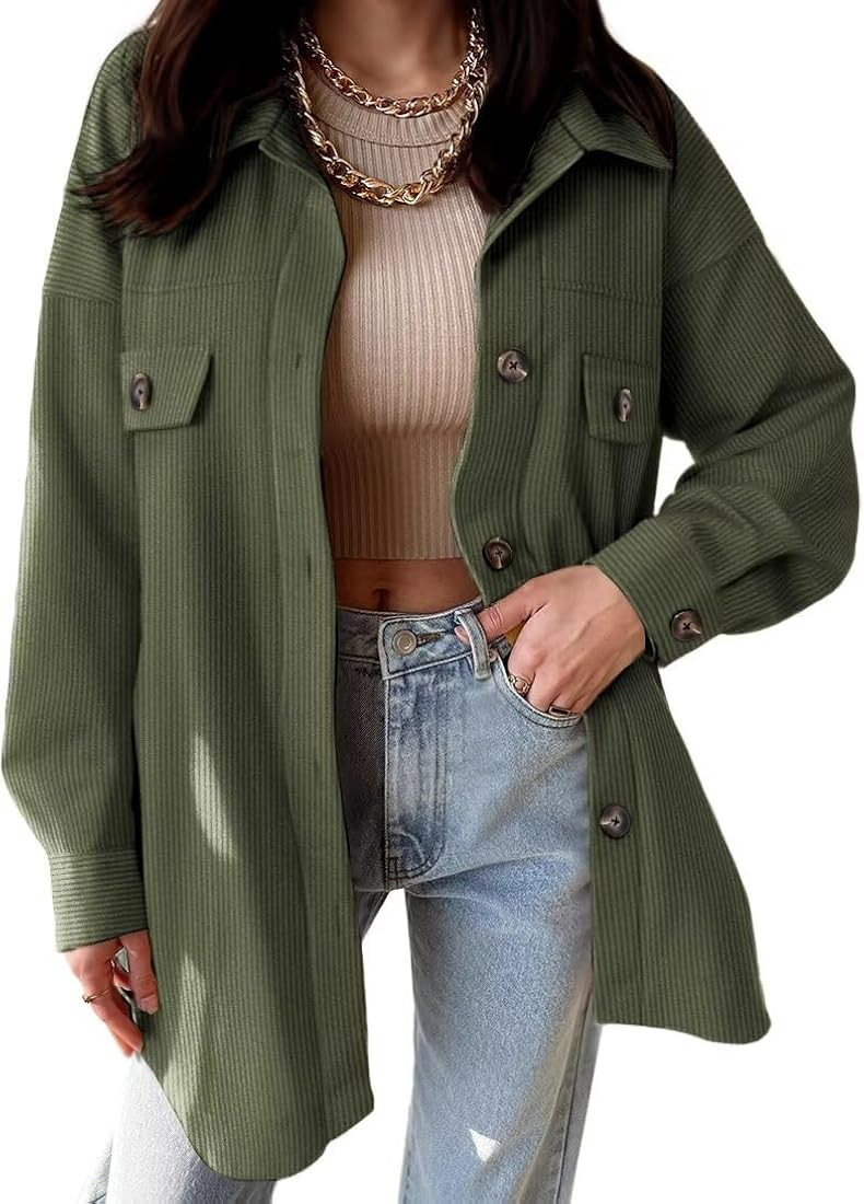 VICHYIE Womens Corduroy Shacket Blouses Button Down Shirts Pocket Long Sleeves Tops Jacket Coats | Amazon (US)