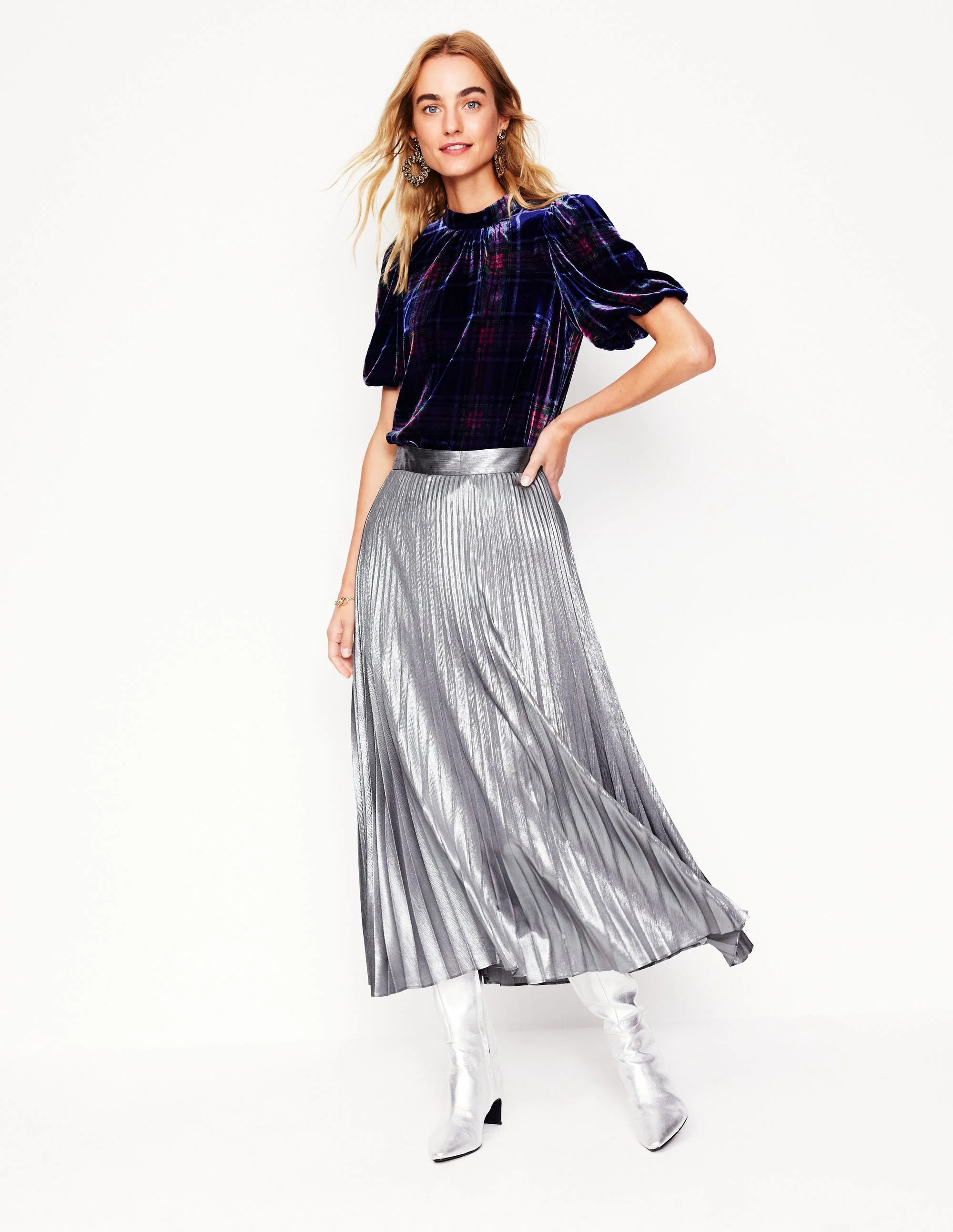 Camilla Metallic Midi Skirt-Silver | Boden UK