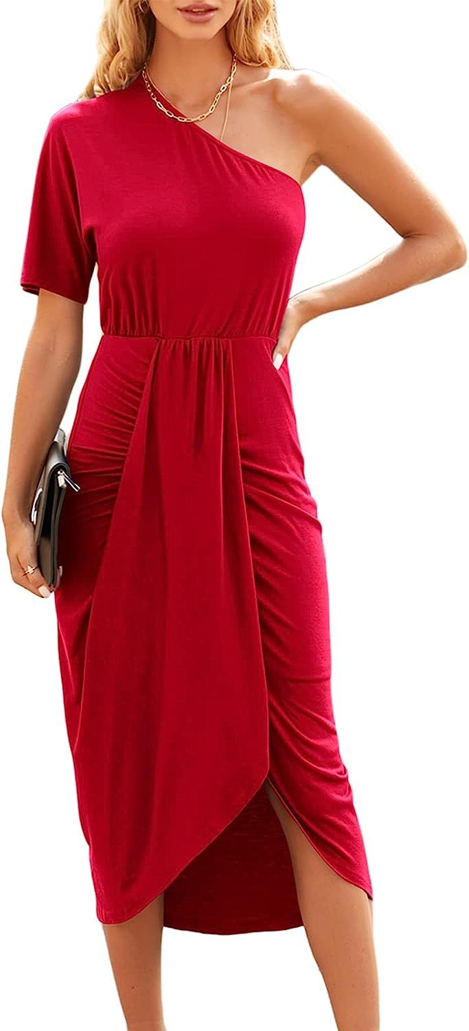 PRETTYGARDEN Women's One Shoulder Ruched Bodycon Dress Short Sleeve Wrap Slit Hem Cocktail Party ... | Amazon (US)