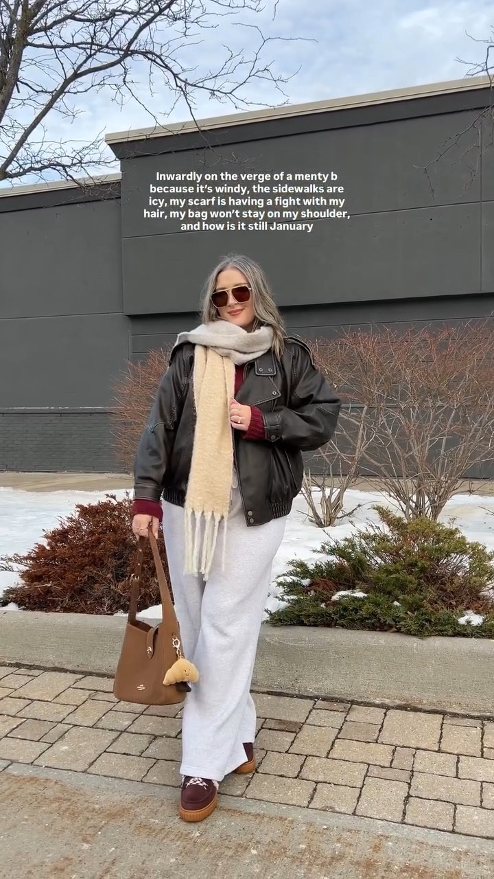 Overstimulated girl winter ❄️ Comfy casual winter outfit! Wearing my usual size L in the wide leg sweatpants, burgundy chenille sweater, white tee, and oversized leather jacket. Sorel snow boots are waterproof and so cozy, consider sizing up if you plan to wear thick socks. Linked similar scarves

#LTKwinter #LTKstyletip #LTKmidsize