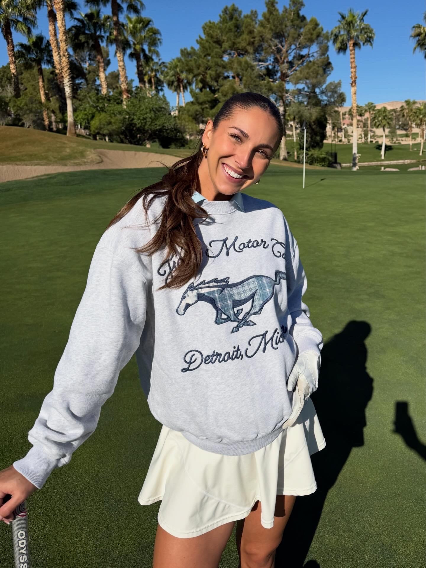Golf outfit!! Love this crewneck for any Michigan or ford people out there!!! Also, this skirt is so stretchy! You can order your normal size even during pregnancy!! 

#LTKActive #LTKBump #LTKSeasonal