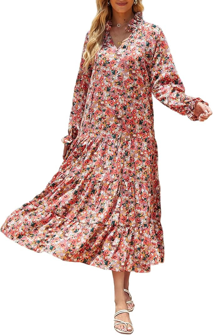 femalove Womens V Neck Casual Maxi Dress Floral Long Sleeve Loose Tiered Hem Pleated Flowy Swing ... | Amazon (US)
