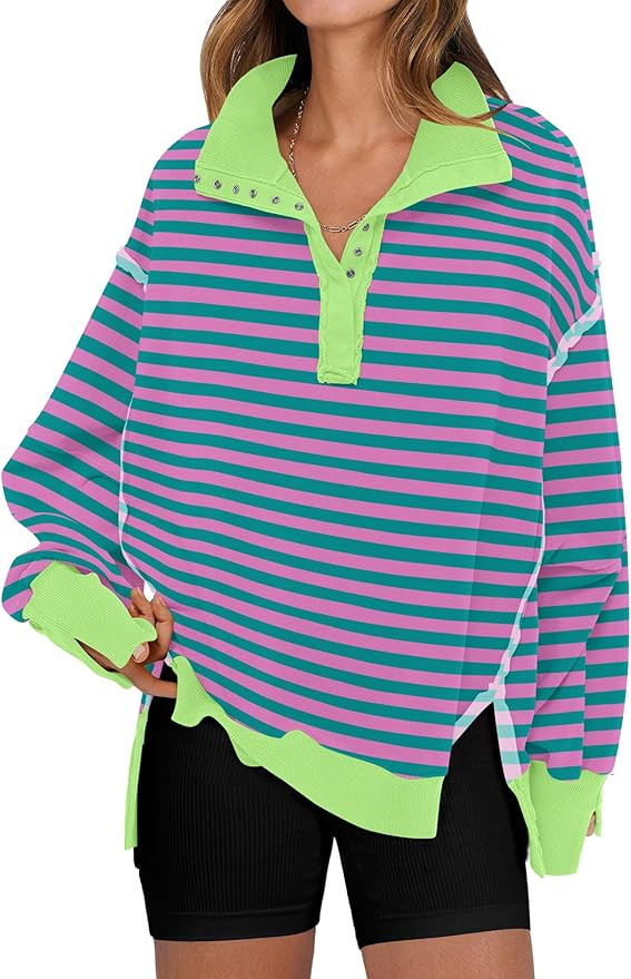 ANRABESS Women's Sweatshirts Oversized Casual Loose Button Up Henley Pullover Top High Low Split ... | Amazon (US)