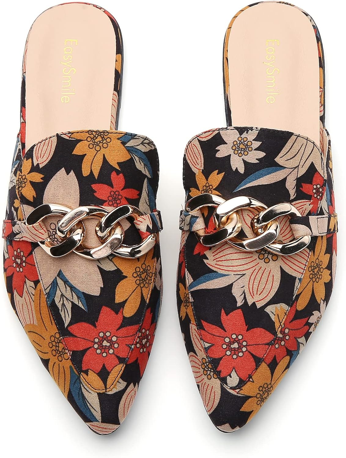 EasySmile Metal Chain Decor Flat Mules for Women Closed Pointed Toe Slip on Loafers Slides Backless  | Amazon (US)