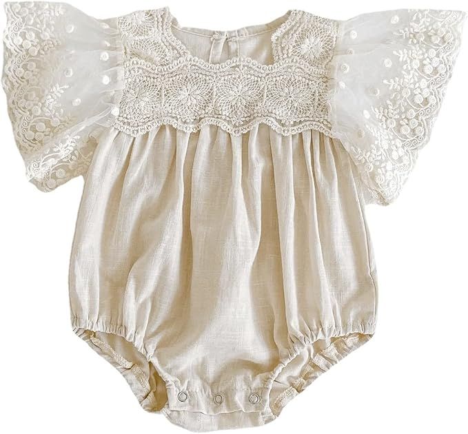 Lamgool Infant Baby Girls Summer Romper Flying Sleeve Newborn Lace Bodysuit Cotton Onesies 3M-2T | Amazon (US)