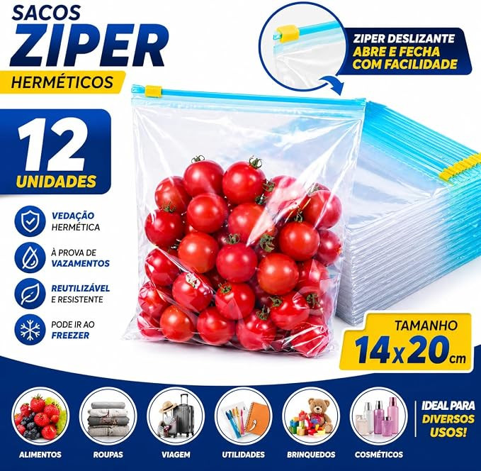 Saco Hemético 12 Unidades Tamanho Médio - Saco Para Congelar Armazenar e Organizar Alimentos - ... | Amazon (BR)