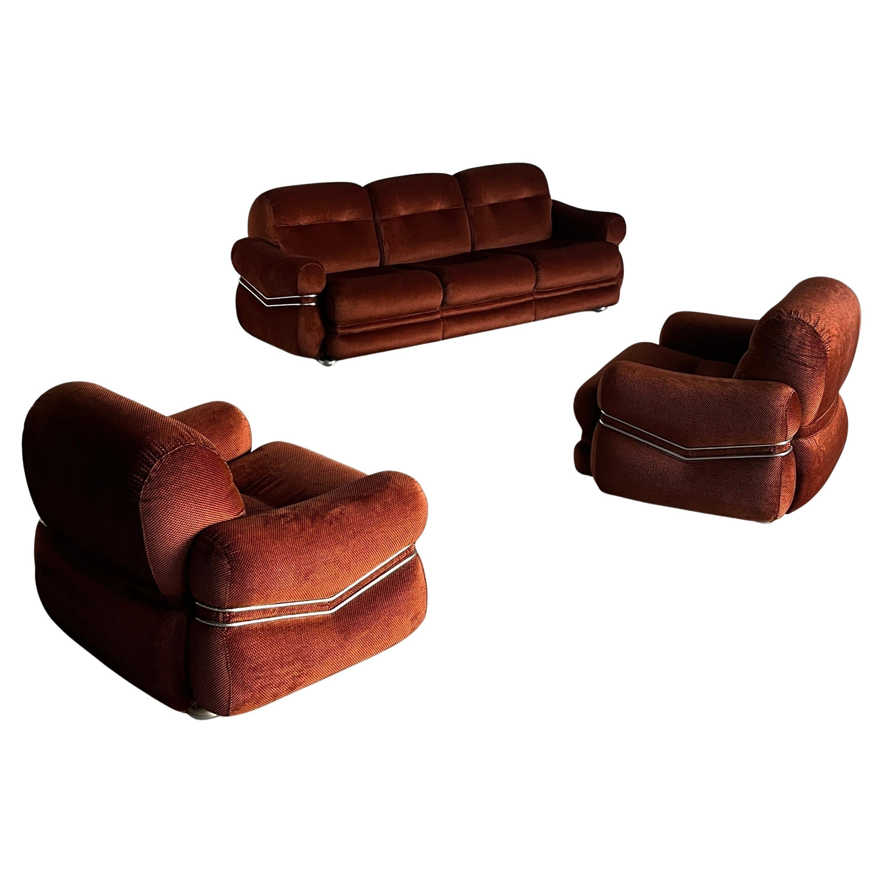 Italian Space Age Seating Set, Checkered Upholstery and Chromed Steel Frame, 70s | 1stDibs