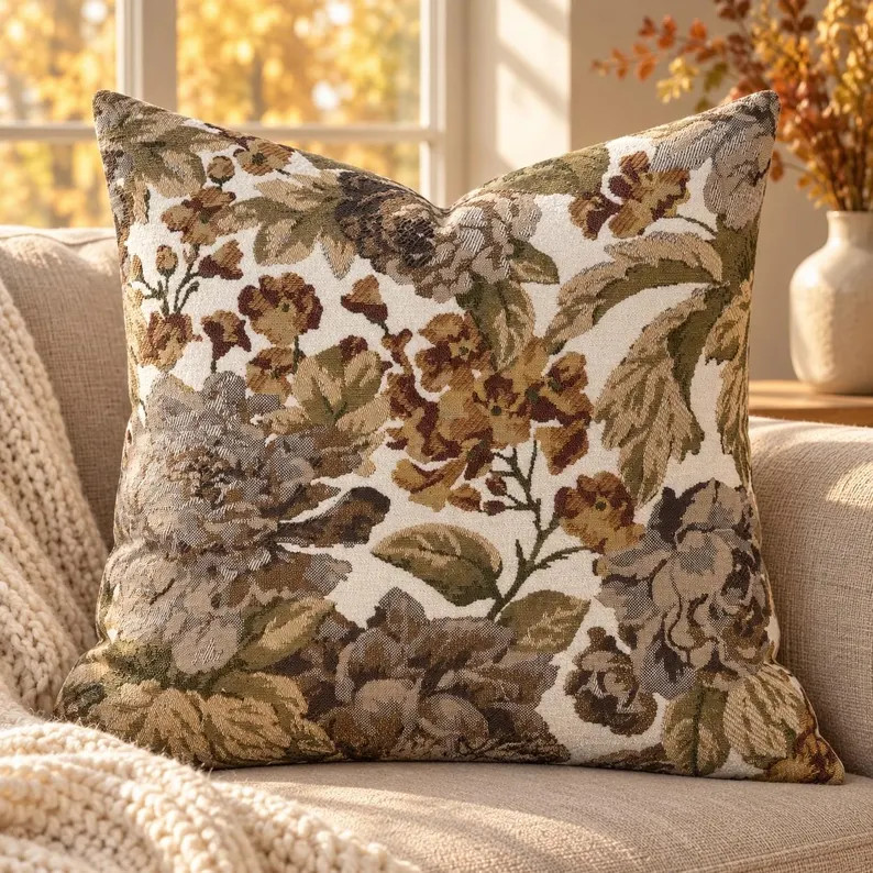 Woven Floral Jacquard Pillow Cover, Vintage Botanical Cushion, Beige Olive English Country Decor | Etsy (Global)