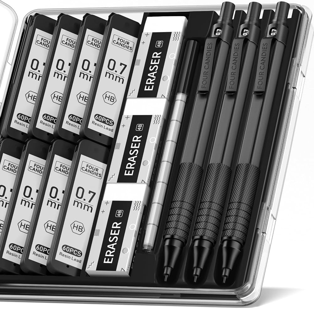 Four Candies Mechanical Graphite Pencil Set, 3pcs Black Metal Pencils with Anti-Skid Grip, Ideal ... | Amazon (US)