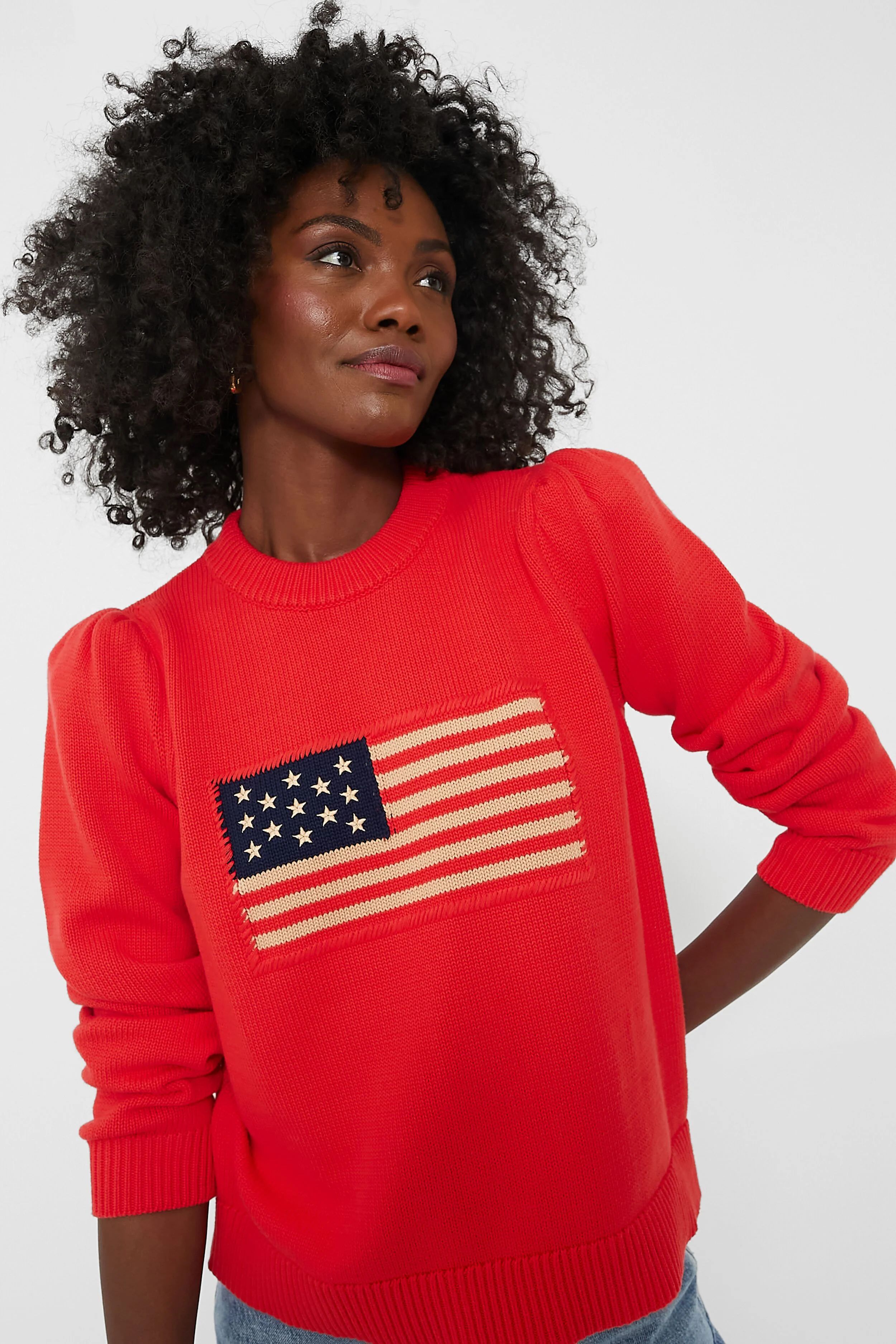 Red Cropped Puff Sleeve Americana Sweater | Tuckernuck (US)