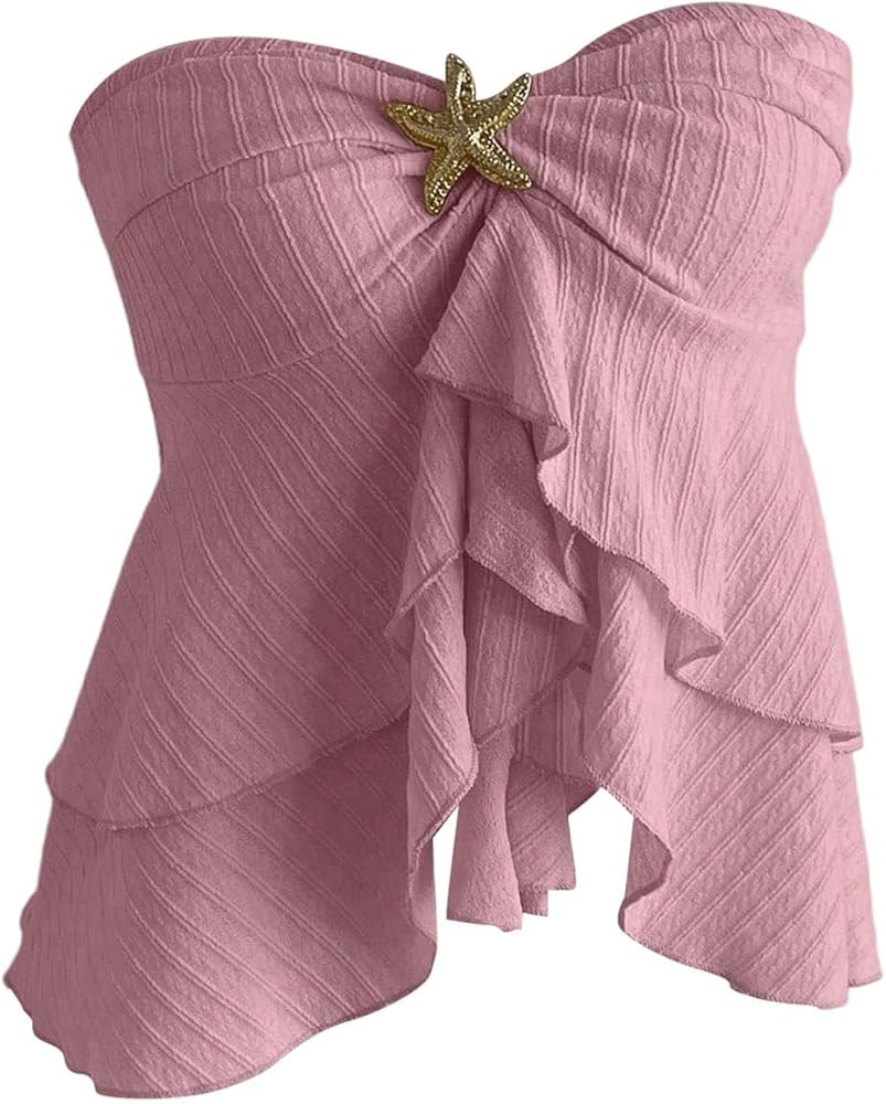 SOLY HUX Women's Summer Twist Tube Tops Strapless Sleeveless Layered Ruffle Bandeau Vacation Goin... | Amazon (US)