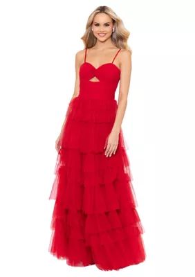 Blondie Nites Women's Cutout Sleeveless Tulle Tiered Gown | Belk