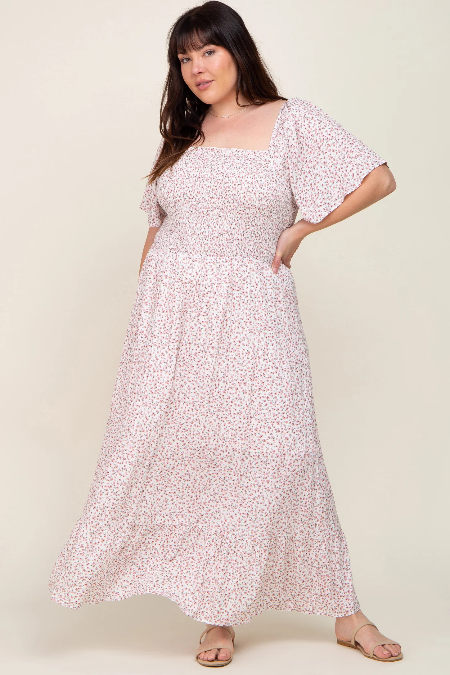 Ivory Floral Smocked Flounce Sleeve Plus Maxi Dress | PinkBlush Maternity