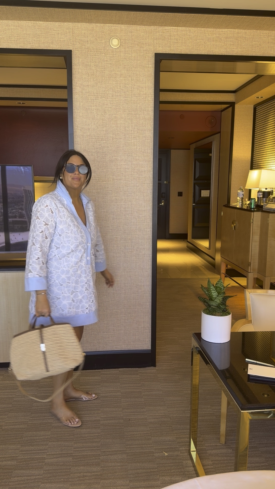 I sized down in dress, love it it’s very well made. The bag is MZ  Wallace crochet medium Astor (was gifted) but looks sold out. The mini is still
Available, it is handmade. 