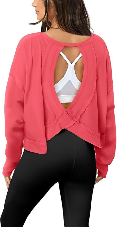 Women Long Sleeve Open Back Athletic Shirts Casual Workout Top Yoga Loose Running Tees | Amazon (US)