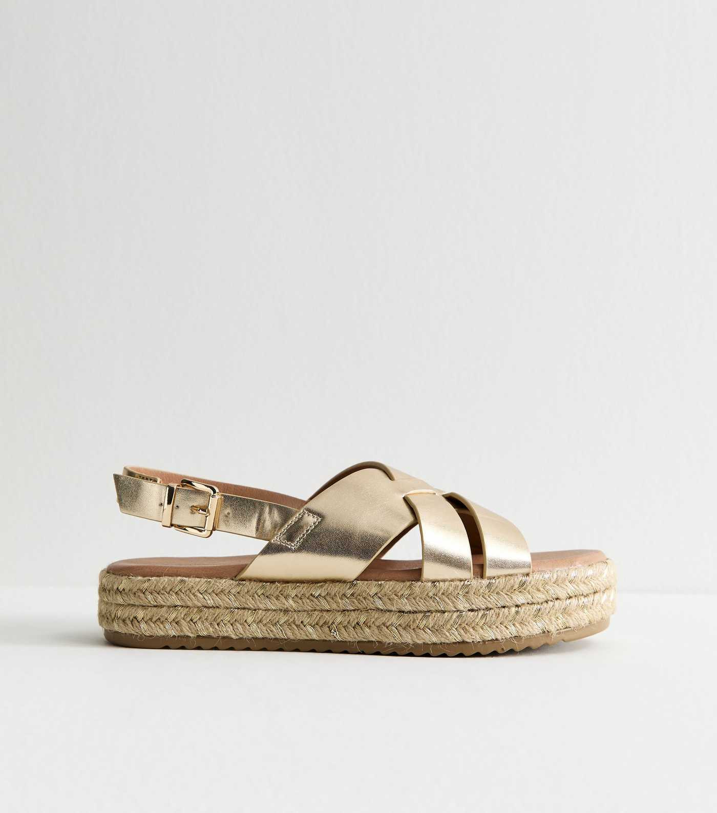 Wide Fit Gold Faux Leather Crossover Strap Platform Sandals | New Look | New Look (UK)