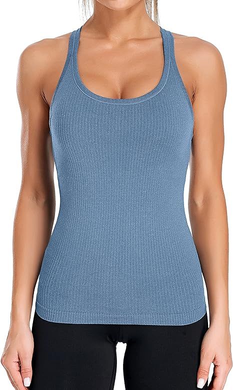 ATTRACO Ribbed Workout Tank Tops for Women with Built in Bra Tight Racerback Scoop Neck Athletic ... | Amazon (US)