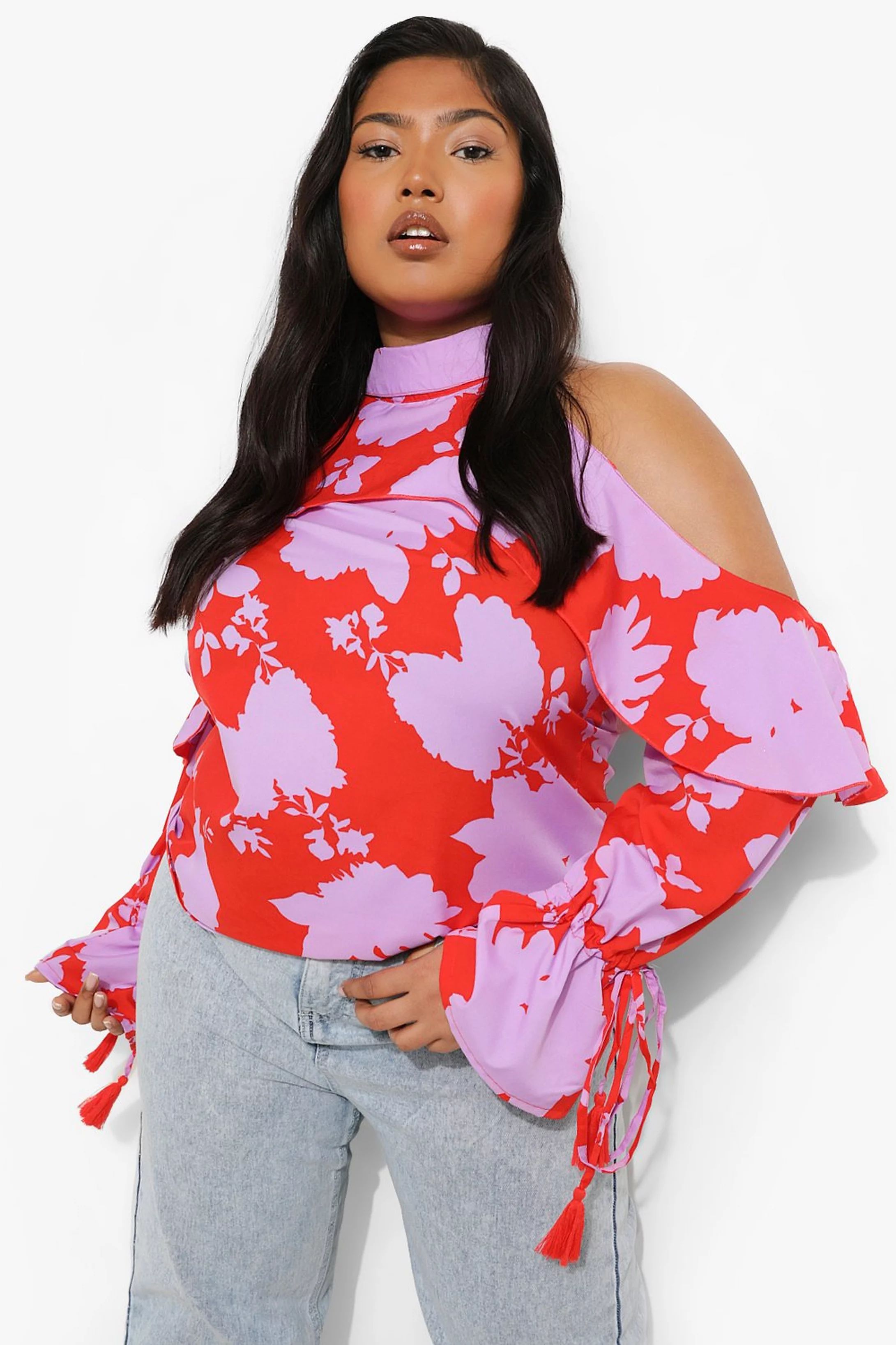 Plus Bright Ditsy Floral Cold Shoulder Top | Boohoo.com (US & CA)