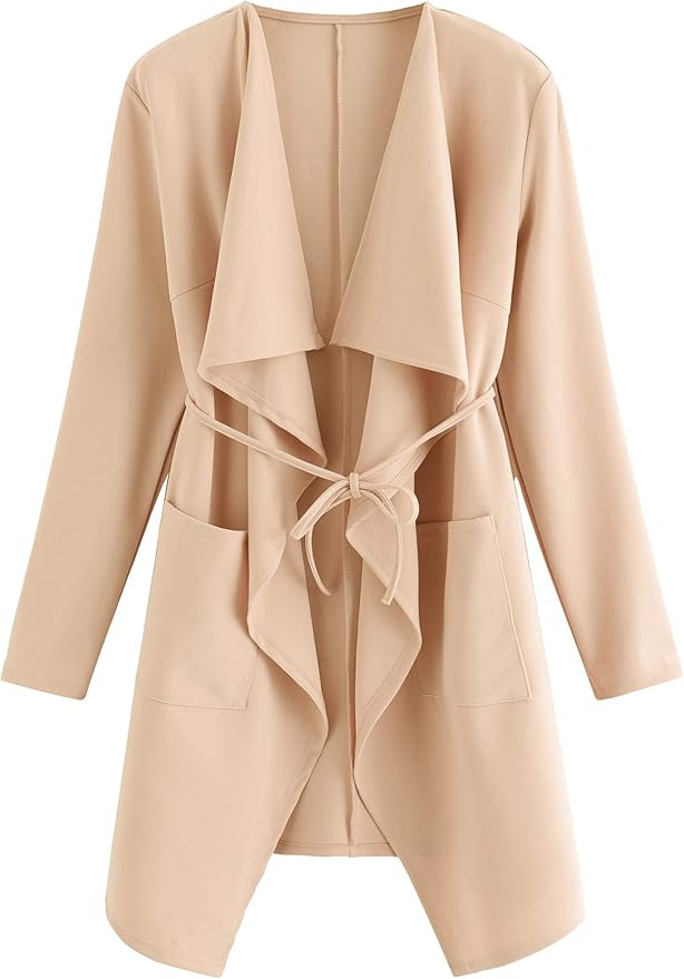 Romwe Women's Raw Cut Hem Waterfall Collar Long Sleeve Wrap Trench Pea Coat Cardigan | Amazon (US)