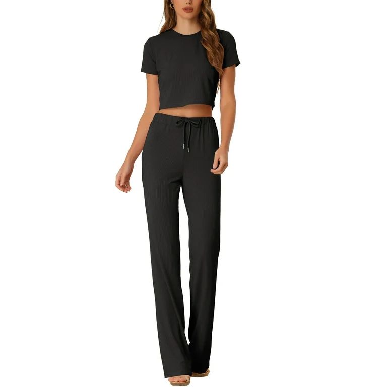 Allegra K Women's Two Piece Lounge Set Ribbed Crop Top Wide Leg Pant Casual Sweatsuit | Walmart (US)