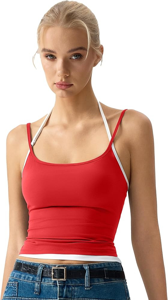 QINSEN Women's Spaghetti Strap Tank Top Slim Fitting Layered Halter Neck Sleeveless Crop Cami Shi... | Amazon (US)