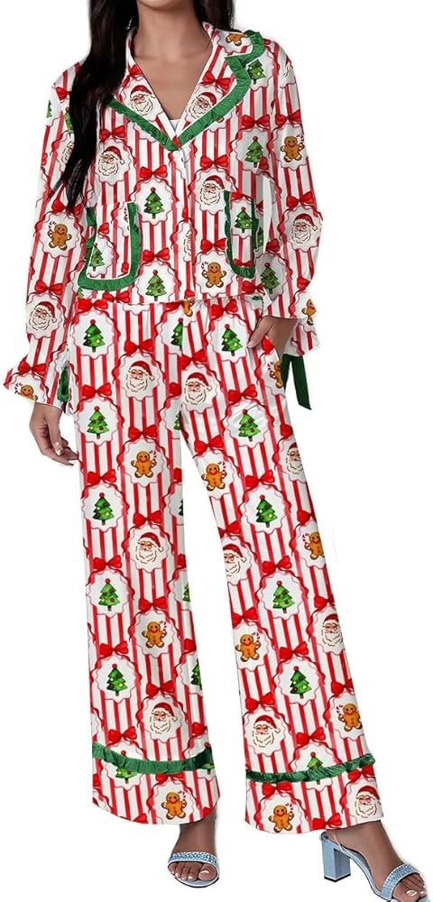 Women Silk Christmas Pajamas 2 Piece Satin Ribbon Tie Front Pjs Xmas Long Sleeve Shirt Pants Loun... | Amazon (US)