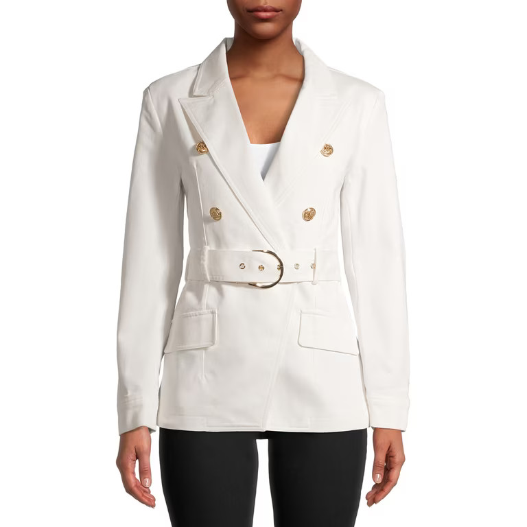 Attitude Unknown Women's Denim Gold Button Belted Military Blazer | Walmart (US)