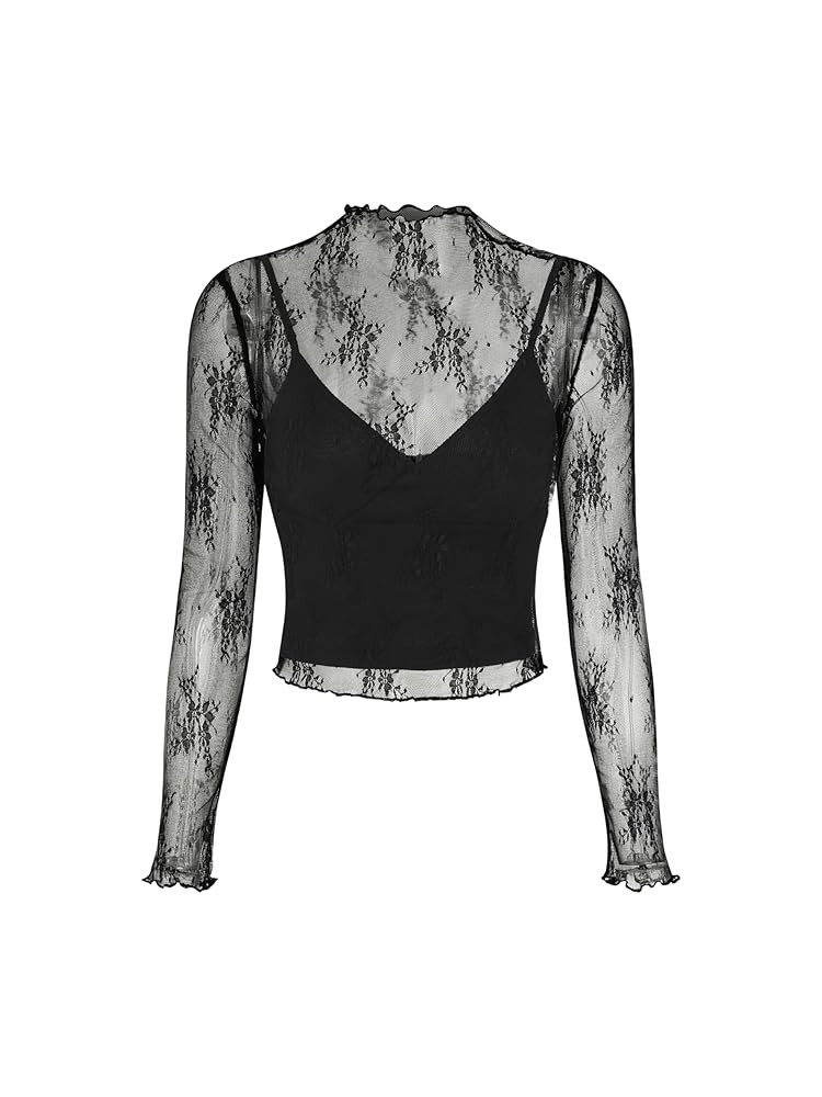 CIDER Women’s Mesh Lace Floral Long Sleeve See Through Mock Neck Tops Blouse & Solid Crop Cami ... | Amazon (US)