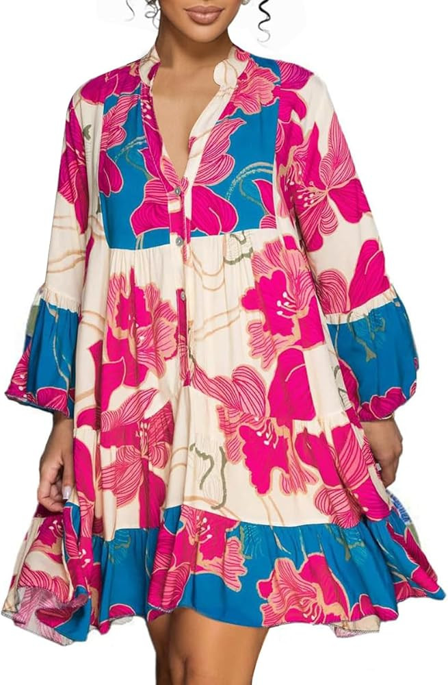 knowfashionstyle Womens Dresses 2025 Summer Boho Floral Button Tunic V Neck Dress Casual Long Sle... | Amazon (US)
