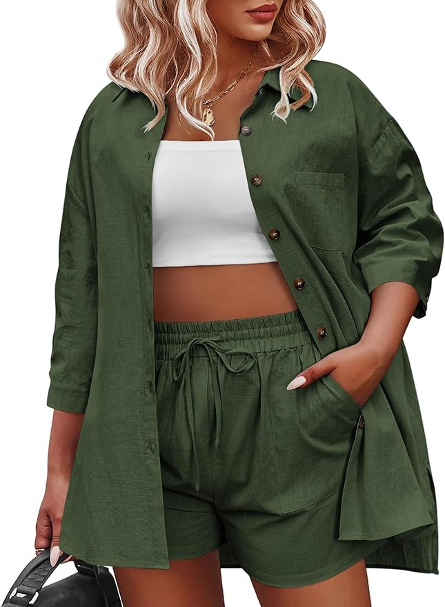 IN'VOLAND Women's Plus Size 2 Piece Tracksuit Outfit Sets Cotton Linen High Low Shirt 3/4 Sleeve ... | Amazon (US)