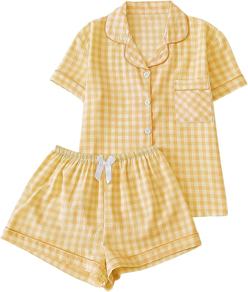 Verdusa Women's Plaid 2 Piece Cute Pajama Sets Short Sleeve Button Down Shirts with Shorts Lounge... | Amazon (US)