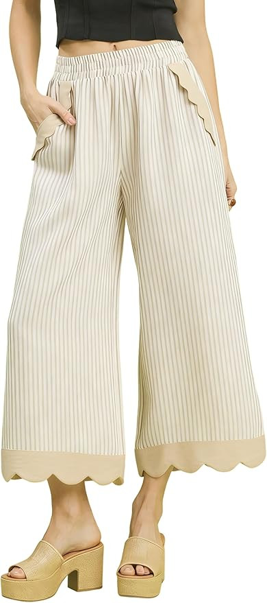 Faleave Women's Striped Wide Leg Cropped Pants Elastic Waist Scalloped Hem Casual Trousers with P... | Amazon (US)