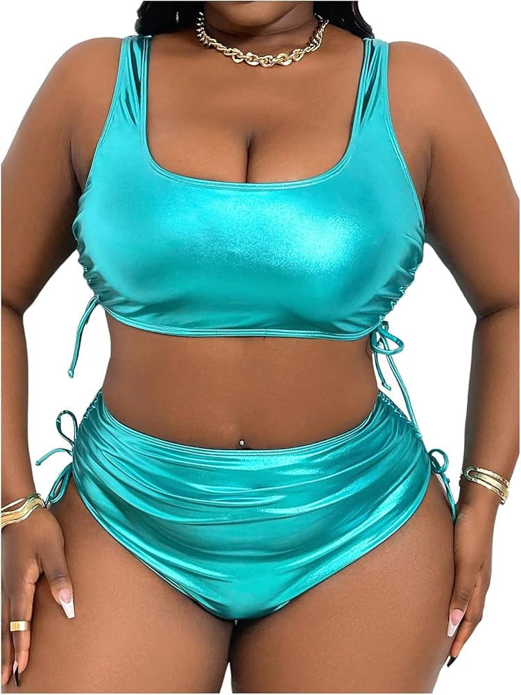 OYOANGLE Women's Plus Size Metallic Scoop Neck Bikini Set Drawstring Ruched Swimsuit Beachwear | Amazon (US)