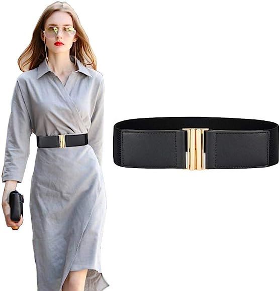 VOCHIC Womens Wide Elastic Waist Belt Stretch Waistband for Dress Metal Interlock Gold Buckle | Amazon (US)