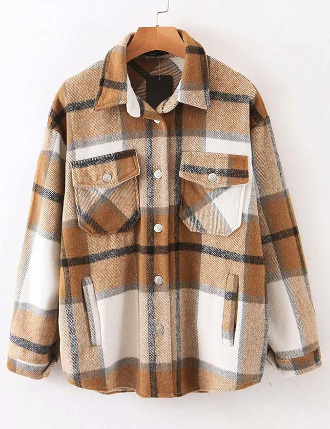 Tanming Womens Wool Blend Plaid Lapel Button Short Pocketed Shacket Shirts Coats | Amazon (US)