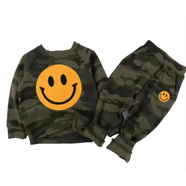 Lola + The Boys | Camo Emoji Smiley Sweatshirt And Pant Track Set, (Green, Size 10Y) | Maisonette | Maisonette