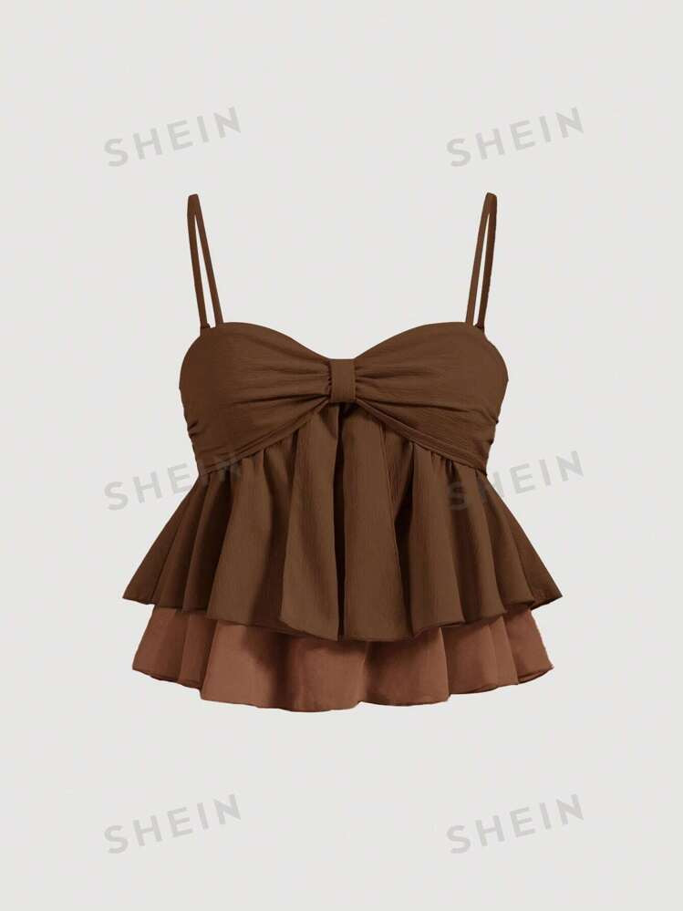 SHEIN MOD Women Summer Sweet Pink Pleated Ruffle Trim Camisole Top,Summer Crop Tops | SHEIN