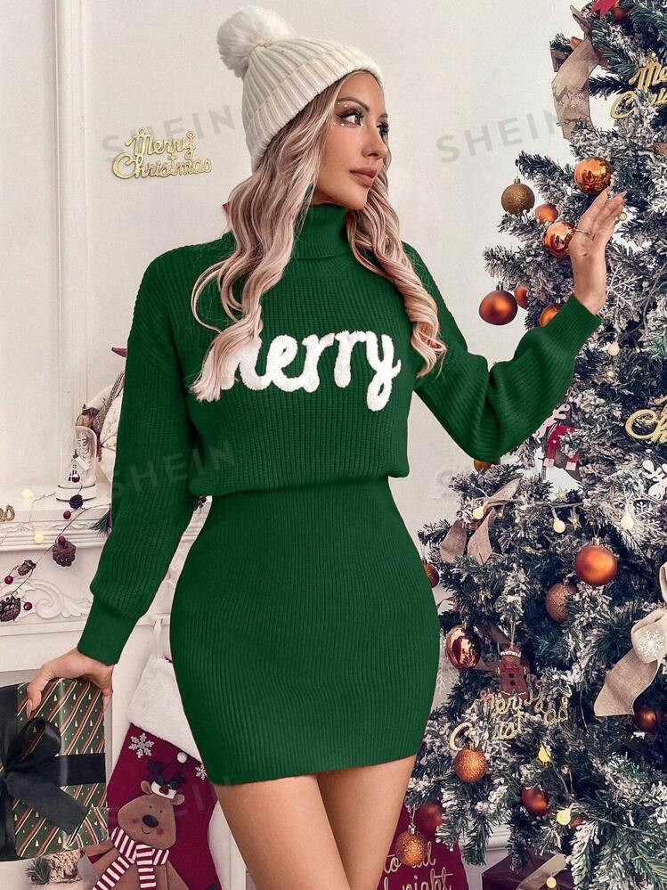 SHEIN LUNE Women High Neck Long Sleeve Letter Graphic Minimalist Short Dress | SHEIN